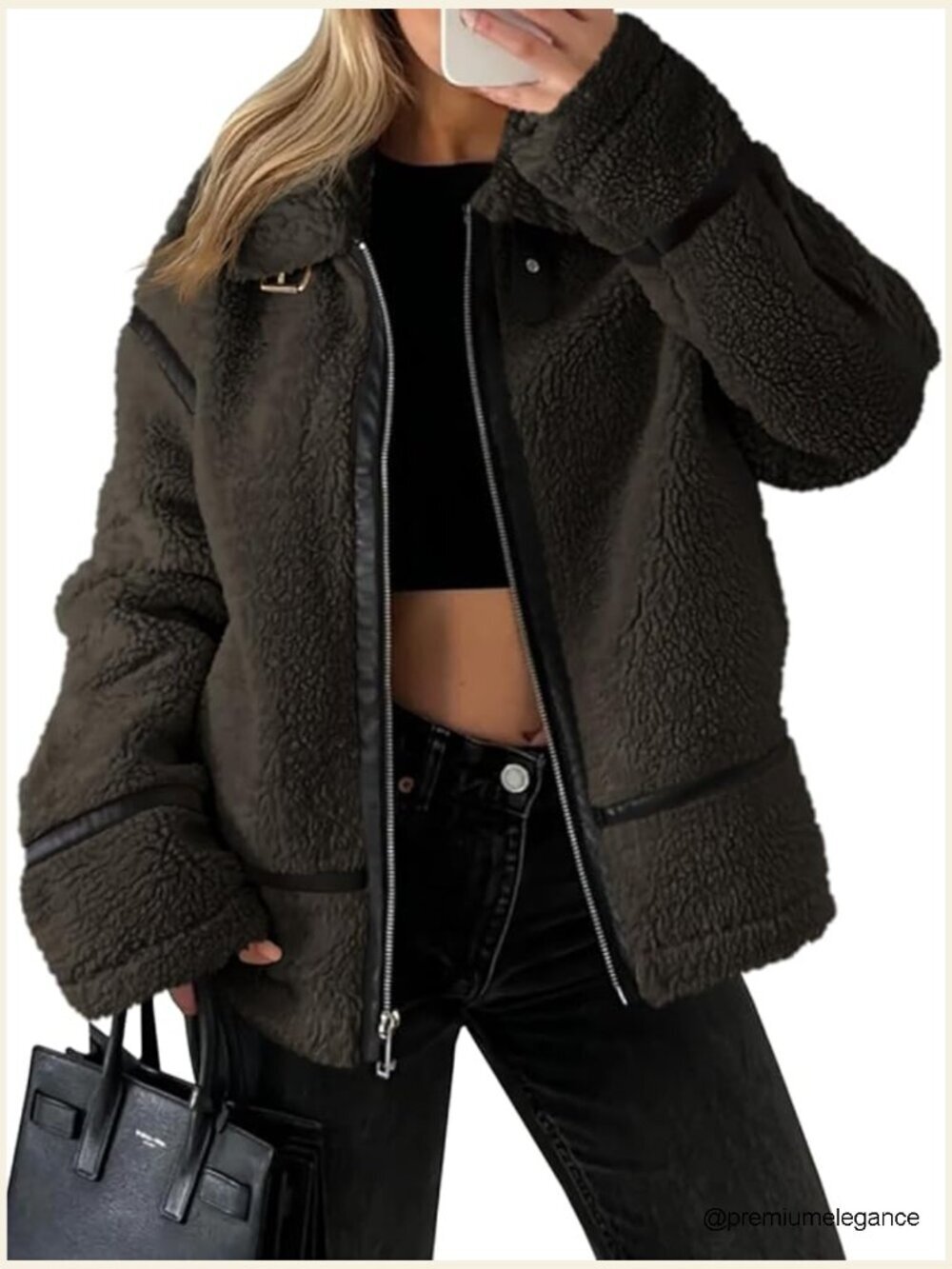 Faux Fur Sherpa Moto Jacket with Leather Patchwork Zip Up Coat